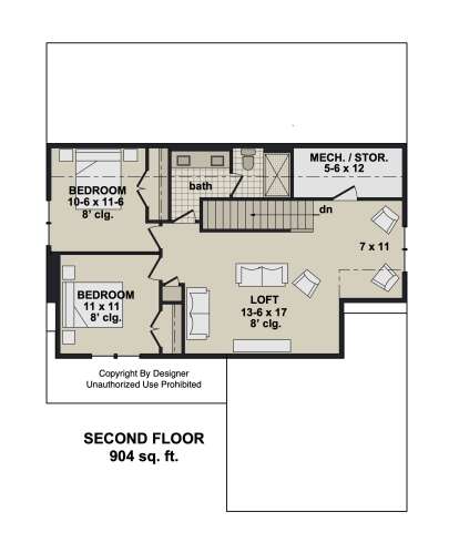 Second-floor plan drawing with 2BR, 1BA, loft, stairs, and mechanical/storage room. House Plan # 098-00717