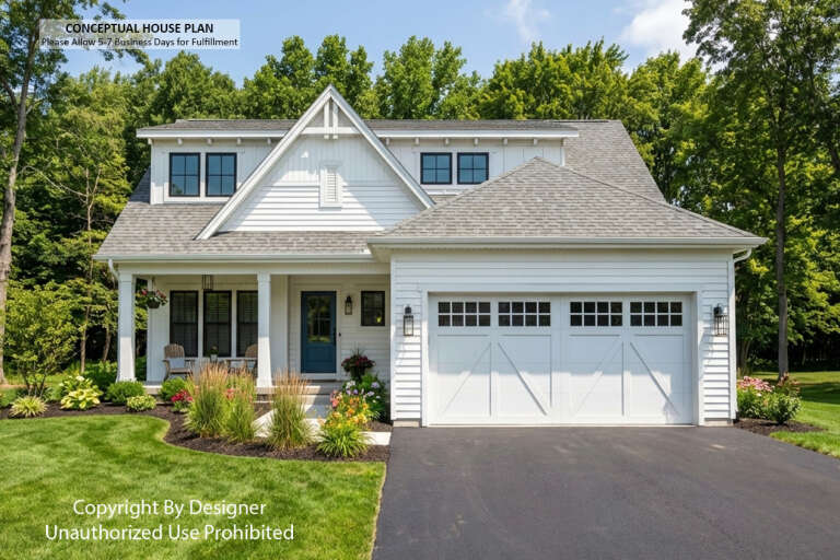 Front view of a white house in Modern Farmhouse style, board-and-batten siding, blue door, and two-car carriage garage. House Plan # 098-00718