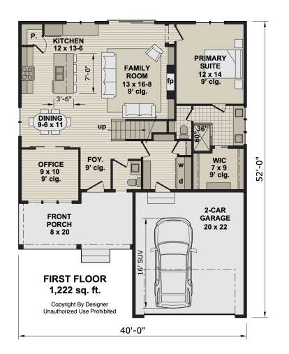 Main floor plan drawing with 1BR, 1.5BA, office, family room, kitchen, pantry, WIC, Ldry, 2-car garage, porch, and fireplace. House Plan # 098-00718