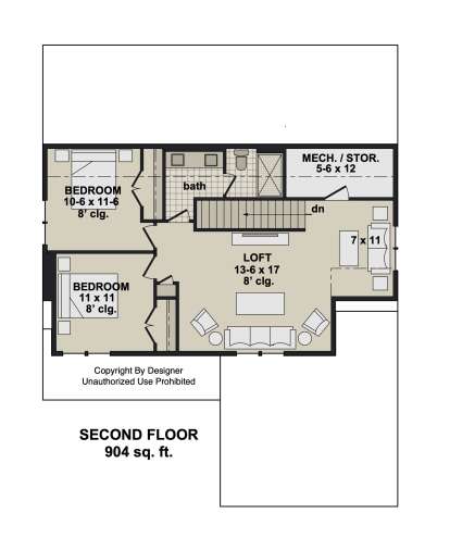 Second-floor plan drawing with 2BR, 1BA, loft, stairs, and mechanical/storage room with 8' ceilings. House Plan # 098-00718
