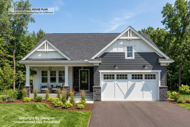 Front view of a gray and white Craftsman house, stone accents, covered porch, two-car garage, and gabled rooflines. House Plan # 098-00719