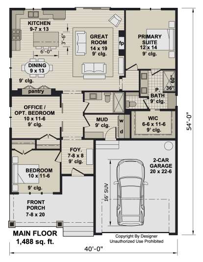Main floor plan drawing with 3BR, 2BA, great room, kitchen, dining, pantry, mudroom, WIC, 2-car garage, porch, 9' ceilings. House Plan # 098-00719