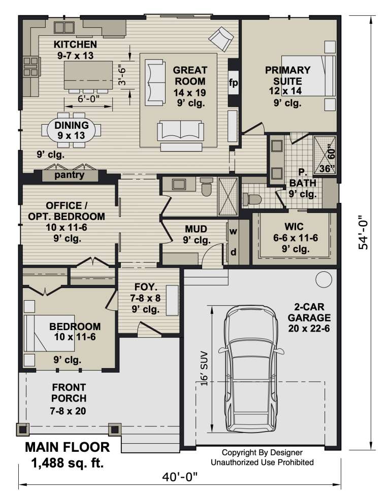Main floor plan drawing with 3BR, 2BA, great room, kitchen, dining, pantry, mudroom, WIC, 2-car garage, porch, 9' ceilings. House Plan # 098-00719