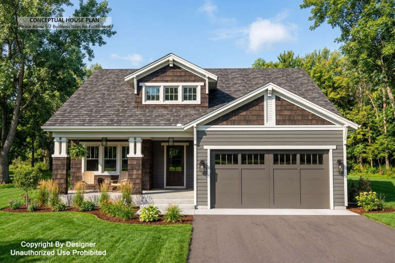 Front view of a grey and brown house in Craftsman style, shingle siding, covered porch, and front-facing garage. House Plan # 098-00720