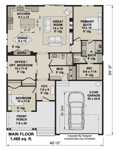 Main floor plan drawing with 3BR, 2BA, great room with fp, kitchen, dining, pantry, mudroom, WIC, and 2-car garage. House Plan # 098-00720