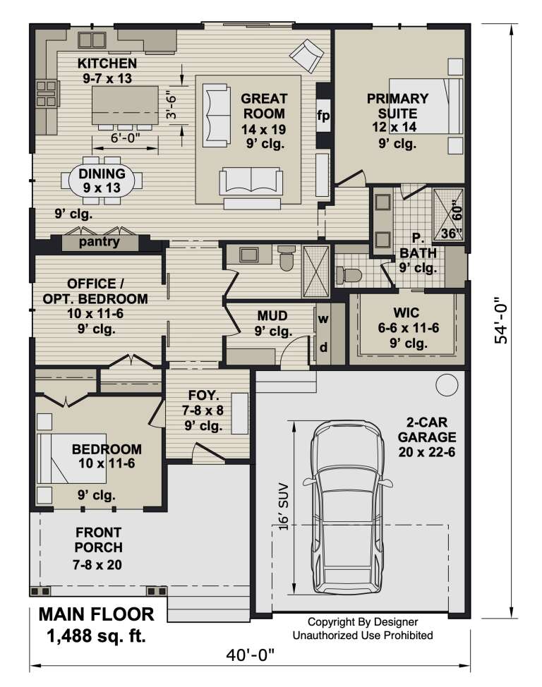 Main floor plan drawing with 3BR, 2BA, great room with fp, kitchen, dining, pantry, mudroom, WIC, and 2-car garage. House Plan # 098-00720