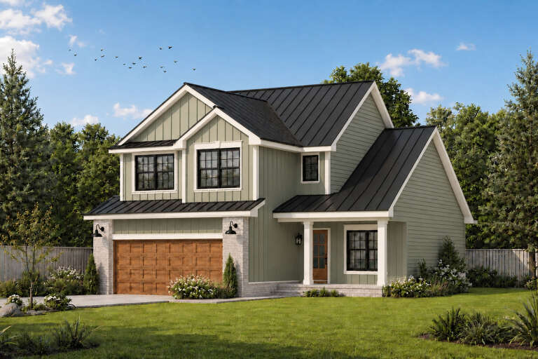 Angled front view of a sage green house, black metal roof, stone accents, wood garage door, and covered front porch. House Plan # 402-01937