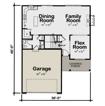 Main floor plan drawing with dining room, family room, flex room, 1/2 bath, drop zone, stairs, 2-car garage, covered porch. House Plan # 402-01937