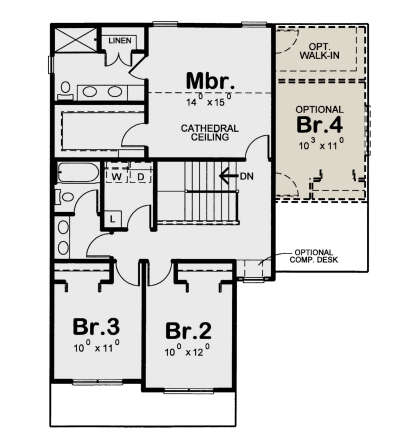 Second-floor plan drawing with 4BR, 2BA, Mbr cathedral ceiling, opt. Br.4/WIC, Ldry, stairs, and opt. computer desk. House Plan # 402-01937