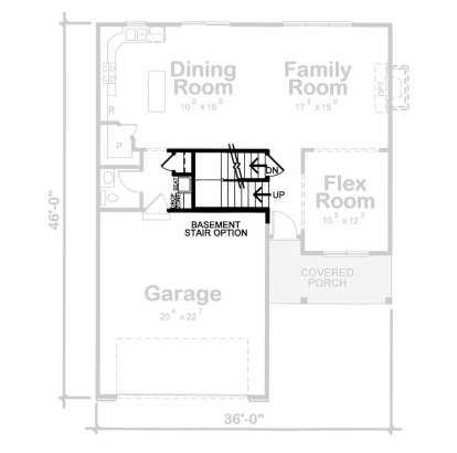 Main floor plan drawing with dining room, family room, flex room, drop zone, 2-car garage, covered porch, and basement stairs. House Plan # 402-01937