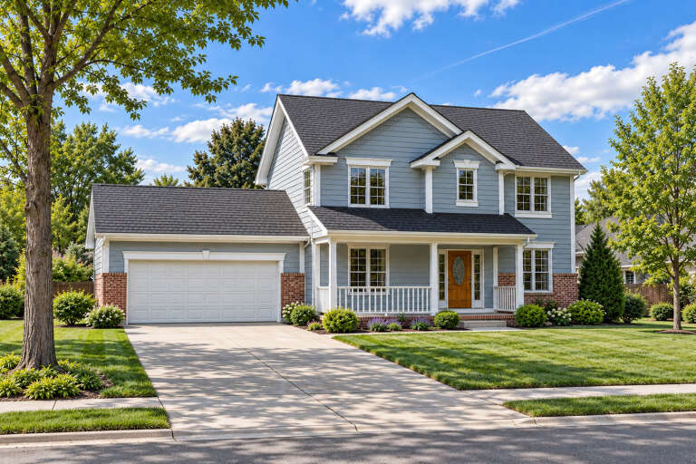 Angled front view of a blue Traditional house, brick accents, covered front porch, white trim, and gabled rooflines. House Plan # 402-01938