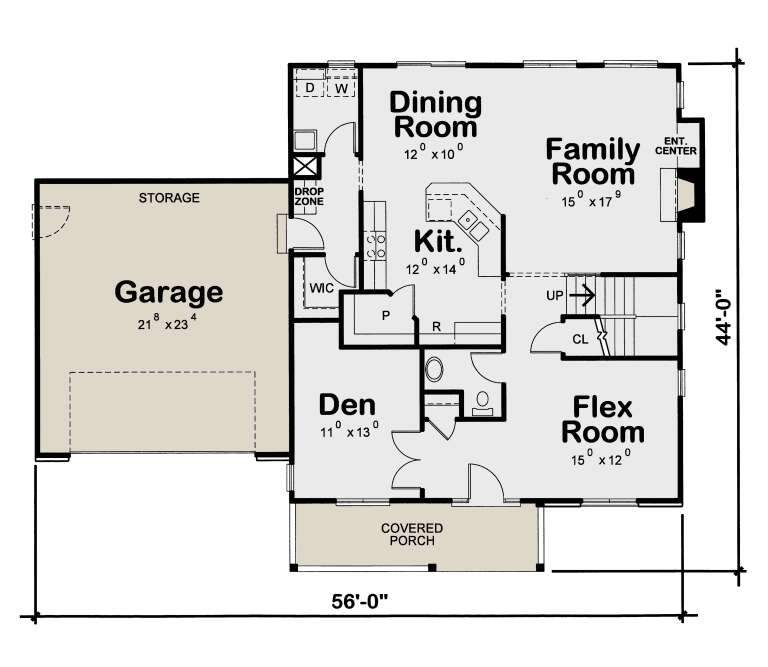 Main floor plan drawing with den, flex room, kitchen, dining, family room, 1/2 bath, WIC, drop zone, 2-car garage, porch. House Plan # 402-01938