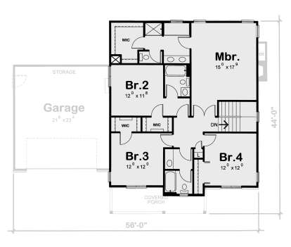 Second-floor plan drawing with 4BR, 2BA, 3 WIC, stairs, and adjacent garage with storage. House Plan # 402-01938