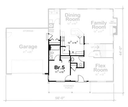 First-floor plan drawing with 1BR, 1.5BA, kitchen, dining, family room, flex room, drop zone, 2-car garage, and porch. House Plan # 402-01938