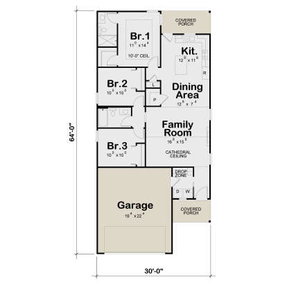 Main floor plan drawing with 3BR, 1BA, kitchen, dining, family room with cathedral ceiling, Ldry, 2-car garage, 2 porches. House Plan # 402-01939