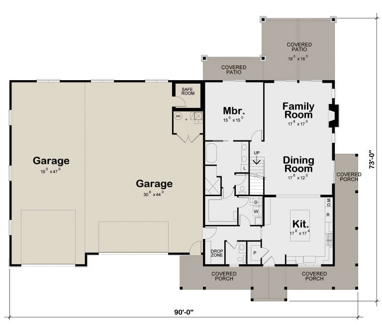 Main floor plan drawing with 1BR, 1.5BA, kitchen, family/dining room, safe room, large garage, and multiple covered porches. House Plan # 402-01940