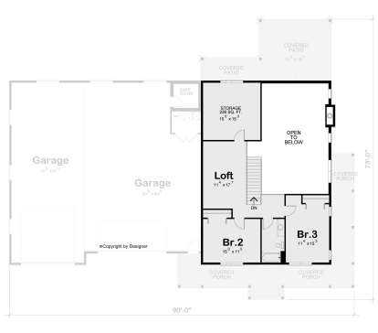 Second-floor plan drawing with 2BR, 1BA, loft, storage, stairs, open-to-below area, and covered porches. House Plan # 402-01940