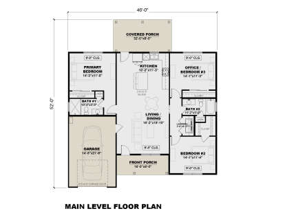 Main floor plan drawing with 3BR, 2BA, kitchen, living/dining, Ldry, 1-car garage, front and rear covered porches. House Plan # 7568-00072