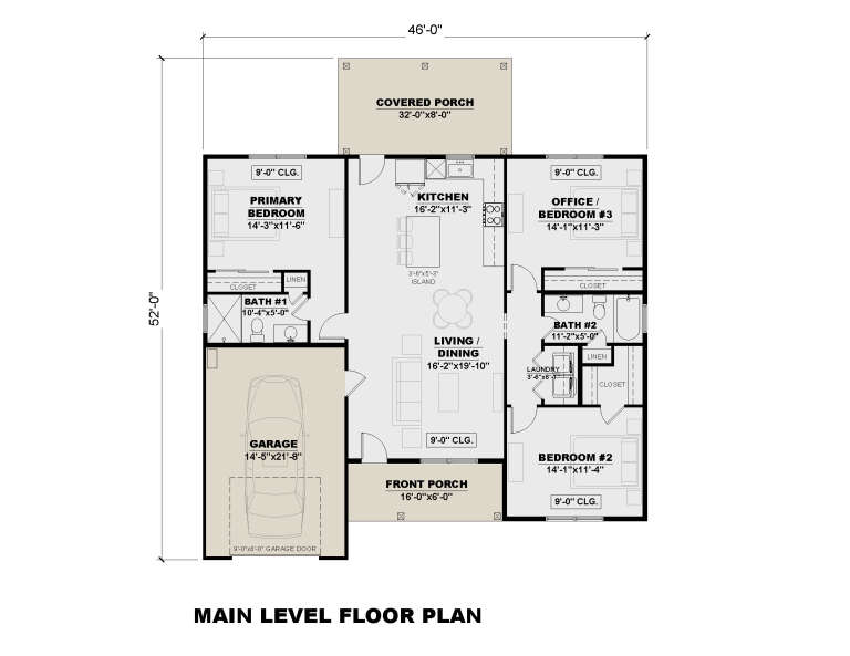 Main floor plan drawing with 3BR, 2BA, kitchen, living/dining, Ldry, 1-car garage, front and rear covered porches. House Plan # 7568-00072