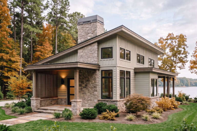 Angled front view of a sage green house in Modern style, stone chimney, board-and-batten siding, and covered porch. House Plan # 7011-00024