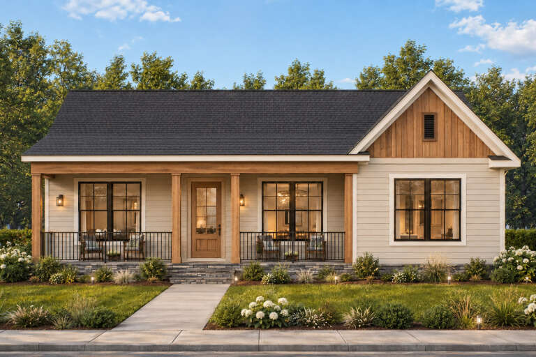 Front view of a beige house in Modern Farmhouse style, wood accents, black windows, covered porch, and stone foundation. House Plan # 699-00569