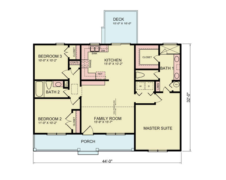 Main floor plan drawing with 3BR, 2BA, kitchen, family room with vaulted ceiling, Ldry, deck, and porch. House Plan # 699-00569