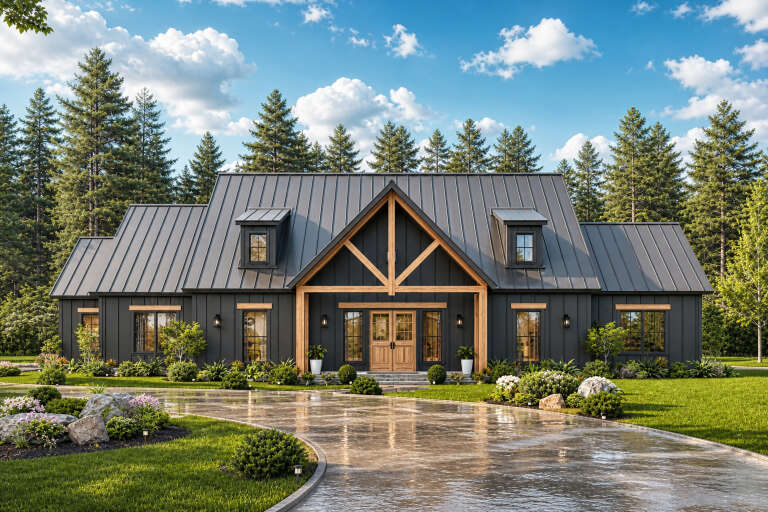 Front view of a black house in Modern Farmhouse style, metal roof, wood timber accents, and manicured landscaping. House Plan # 4195-00096