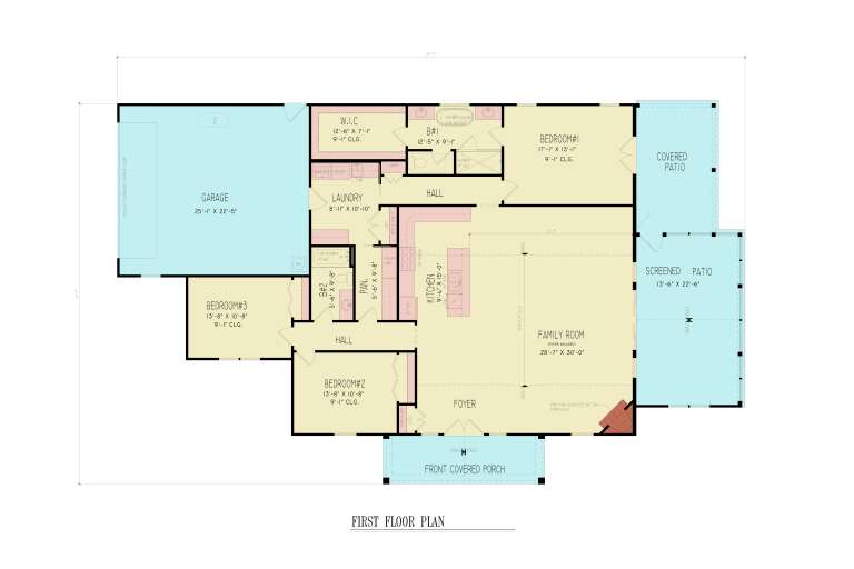 First-floor plan drawing with 3BR, 2BA, kitchen, family room, fireplace, WIC, Ldry, 2-car garage, covered/screened patios. House Plan # 4195-00096
