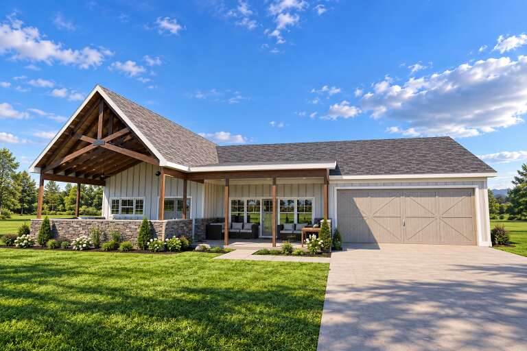 Angled front view of a white Modern Farmhouse, stone base, timber trusses, covered porch, and double garage door. House Plan # 3532-00007