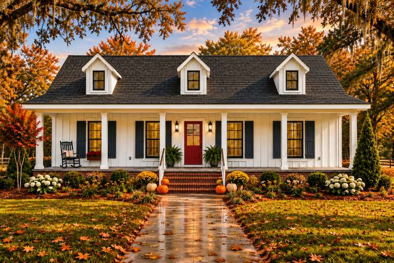 Front view of a white house in Modern Farmhouse style, red door, dark shutters, dormers, and autumn landscaping. House Plan # 1776-00195