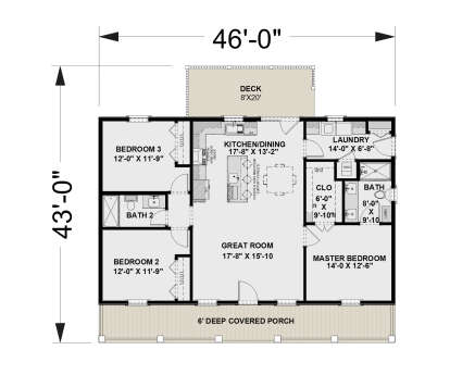 Main floor plan drawing with 3BR, 2BA, kitchen/dining, great room, Ldry, WIC, deck, and covered porch. House Plan # 1776-00195