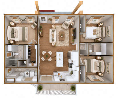Main floor plan drawing with 3BR, 2BA, open kitchen, living room, dining area, WIC, Ldry, and front and rear decks. House Plan # 1776-00195