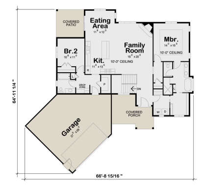 Main floor plan drawing with 2BR, 2BA, kitchen, family room, eating area, WIC, laundry, 3-car garage, porch, and patio. House Plan # 402-01941