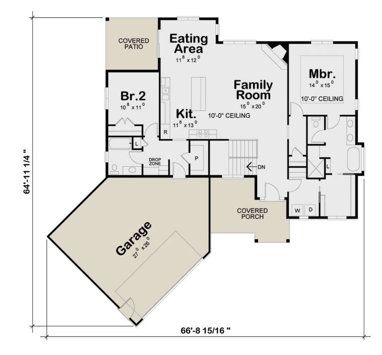 Main floor plan drawing with 2BR, 2BA, kitchen, family room, eating area, WIC, laundry, 3-car garage, porch, and patio. House Plan # 402-01941