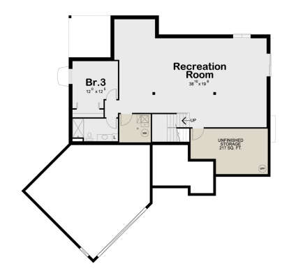 Basement floor plan drawing with 1BR, 1BA, recreation room, stairs, and 217 sq. ft. unfinished storage area. House Plan # 402-01941