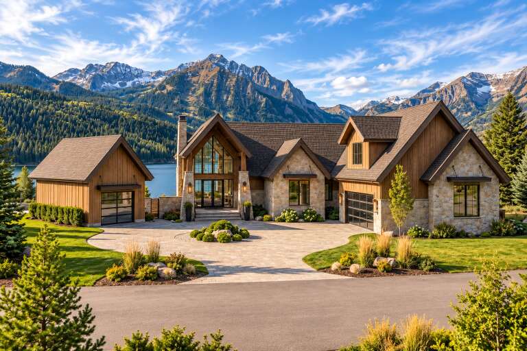 Front view of a brown house in Modern Transitional style, stone and wood siding, gabled roof, and mountain lake backdrop. House Plan # 963-01352