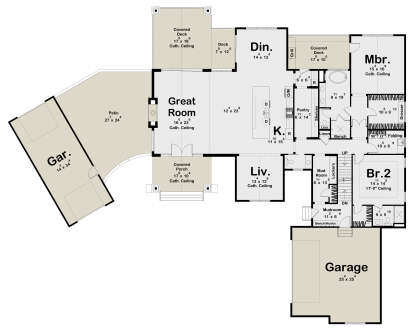 Main floor plan drawing with 2BR, 2.5BA, great room, kitchen, dining, living, 2 garages, pantry, mudroom, and decks. House Plan # 963-01352