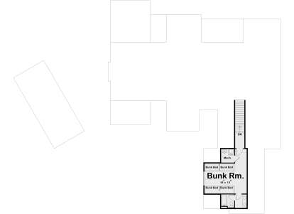 Upper-floor plan drawing with bunk room, 1BA, mechanical room, and stairs. House Plan # 963-01352