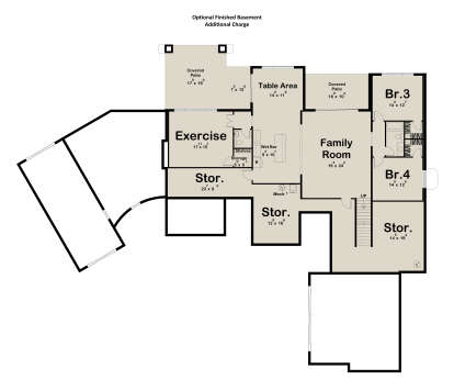 Basement floor plan drawing with 2BR, 1BA, family room, exercise room, wet bar, storage, stairs, and 2 covered patios. House Plan # 963-01352
