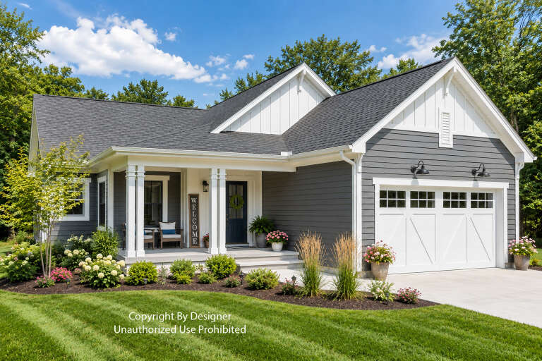 Angled front view of a gray house in Modern Farmhouse style, white trim, covered porch, and two-car garage. House Plan # 098-00721