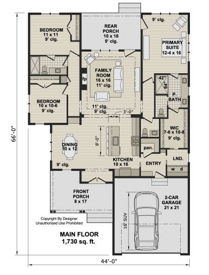 Main floor plan drawing with 3BR, 2BA, kitchen, family room, FP, WIC, Ldry, 2-car garage, front/rear porches, 9'-11' clg. House Plan # 098-00721