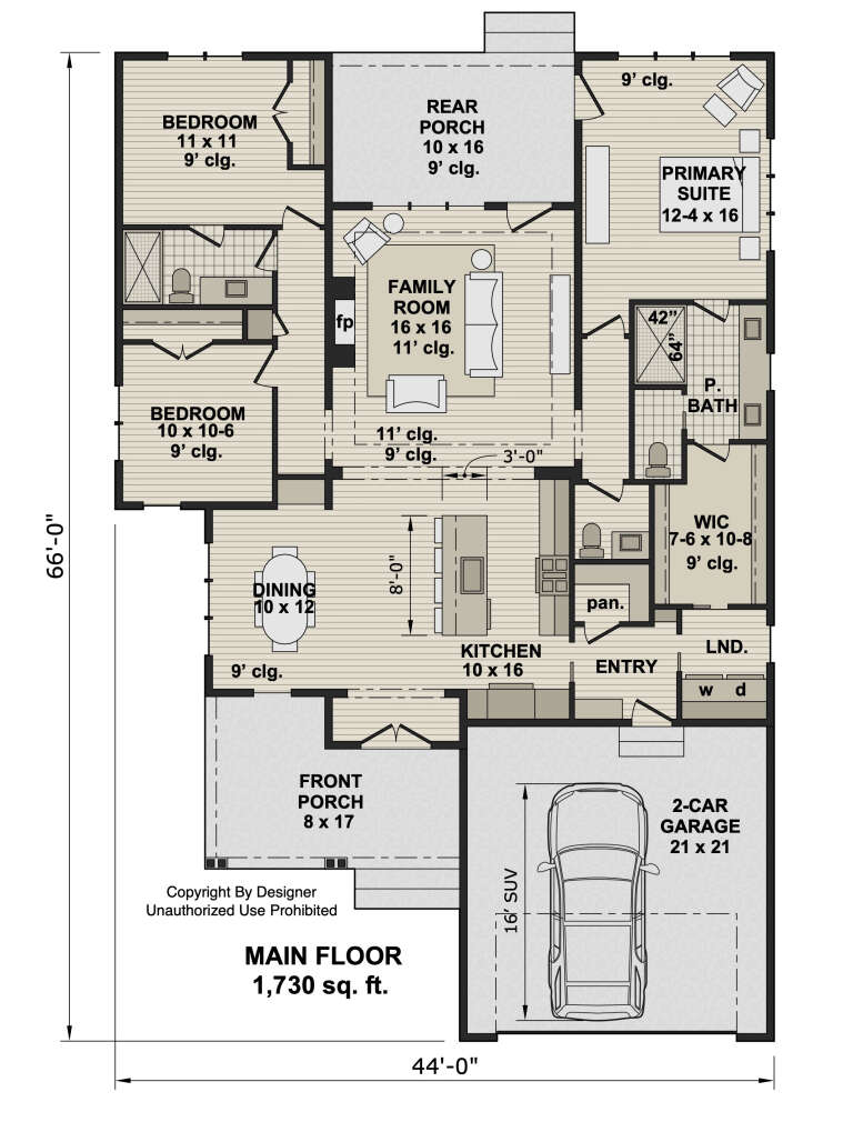 Main floor plan drawing with 3BR, 2BA, kitchen, family room, FP, WIC, Ldry, 2-car garage, front/rear porches, 9'-11' clg. House Plan # 098-00721