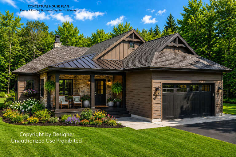 Angled front view of a brown Craftsman house, stone accents, metal roof porch, dark garage, and lush landscaping. House Plan # 098-00722