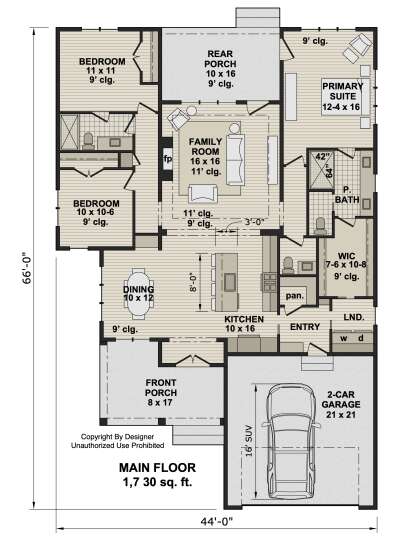 Main floor plan drawing with 3BR, 2BA, kitchen, family room with fp, WIC, pantry, Ldry, 2-car garage, front and rear porches. House Plan # 098-00722