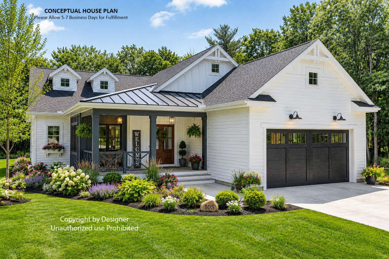 Angled front view of a white house in Modern Farmhouse style, dark porch, black garage doors, and lush landscaping. House Plan # 098-00723