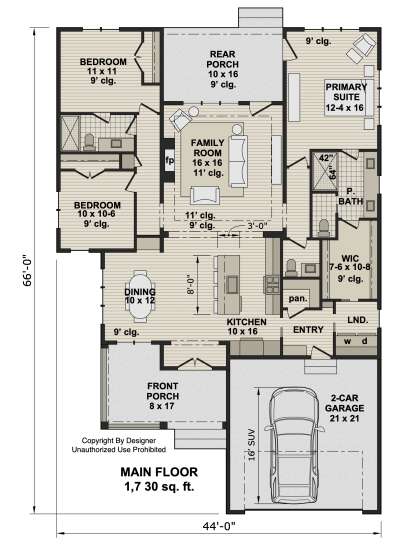 Main floor plan drawing with 3BR, 2BA, kitchen, family room, WIC, 2-car garage, pantry, Ldry, front/rear porches, fireplace. House Plan # 098-00723
