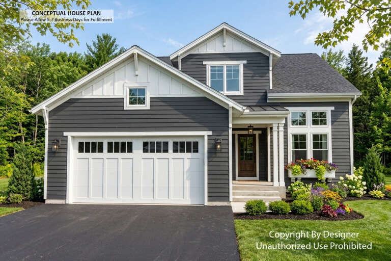 Front view of a charcoal Modern Farmhouse, white trim, gabled roof, two-car garage, and vibrant flower box landscaping. House Plan # 098-00724