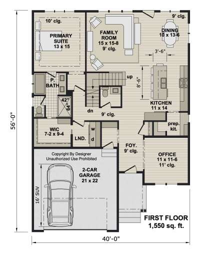 First-floor plan drawing with 1BR, 2BA, family room, kitchen, prep kit, office, WIC, Ldry, 2-car garage, and stairs. House Plan # 098-00724