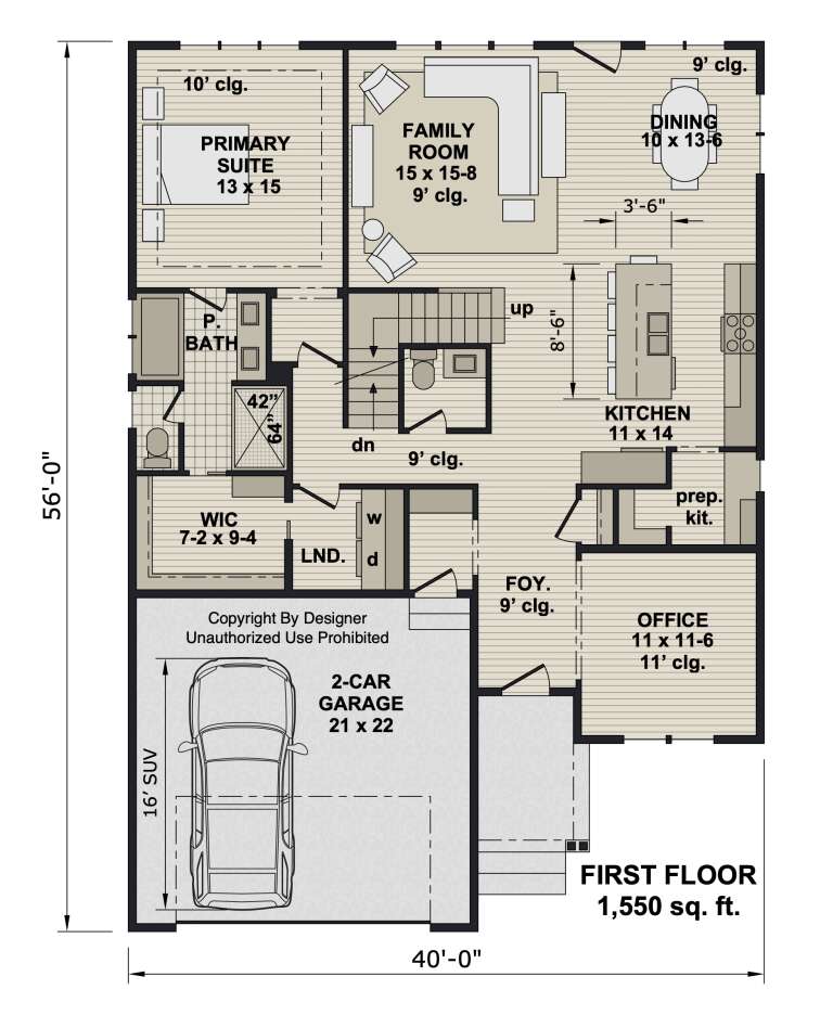 First-floor plan drawing with 1BR, 2BA, family room, kitchen, prep kit, office, WIC, Ldry, 2-car garage, and stairs. House Plan # 098-00724