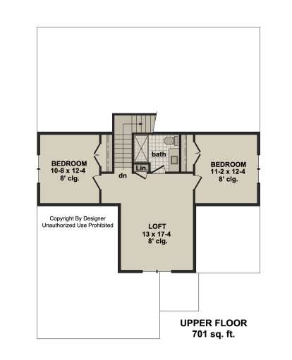 Upper-floor plan drawing with 2BR, 1BA, loft, linen closet, and stairs. 8' ceilings. House Plan # 098-00724